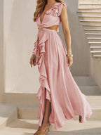 V-neck With Ruffles Backless And Waistless Hollowed-out Slit Back Strap Maxi Dresses