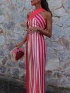 Stripes Cross-neck Sleeveless Fit Maxi Dresses