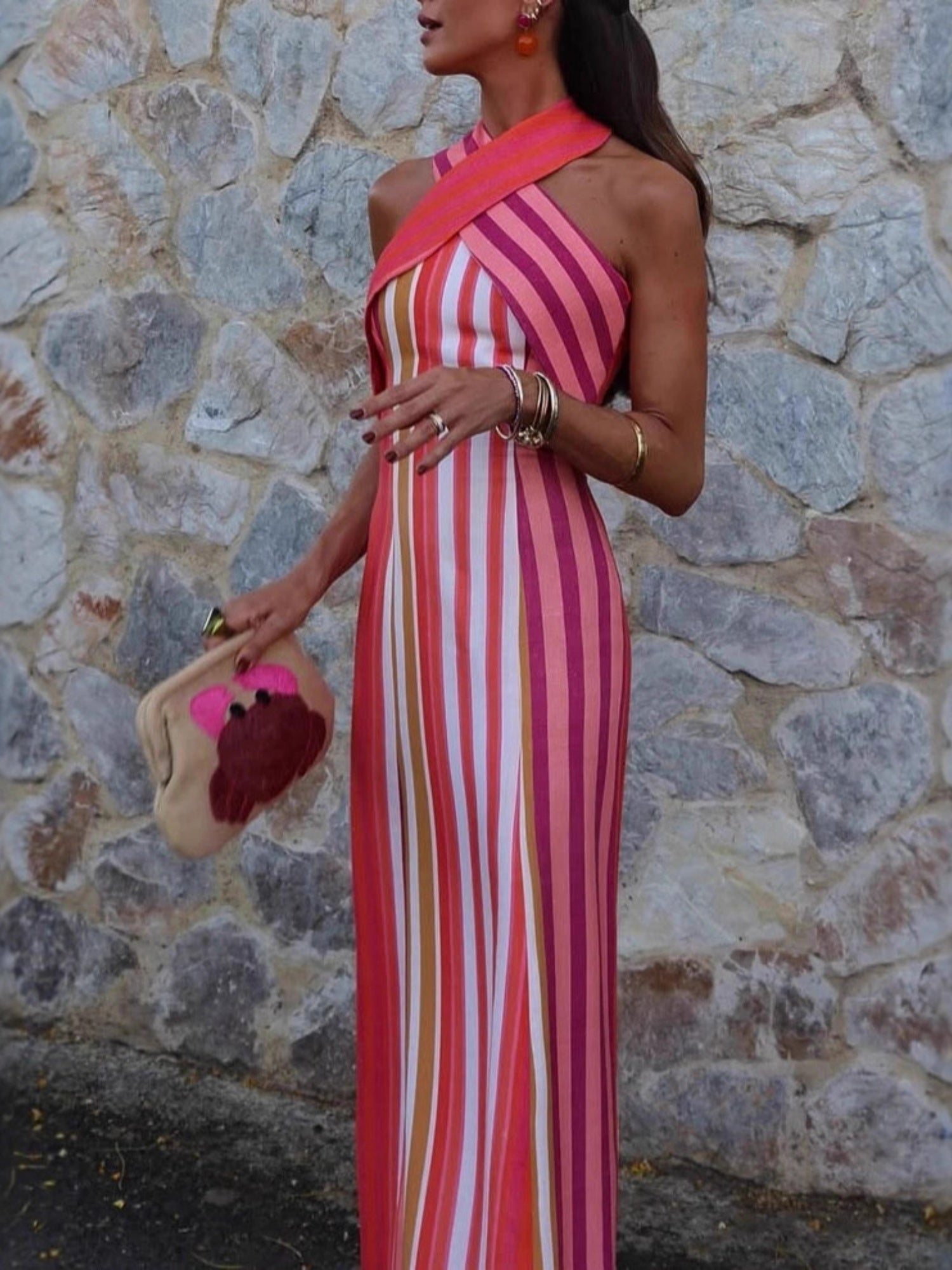 Stripes Cross-neck Sleeveless Fit Maxi Dresses