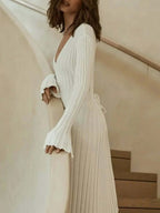 Deep V-Neck Ribbed Knit Long Sleeve Lettuce Edge Trim Maxi Dress
