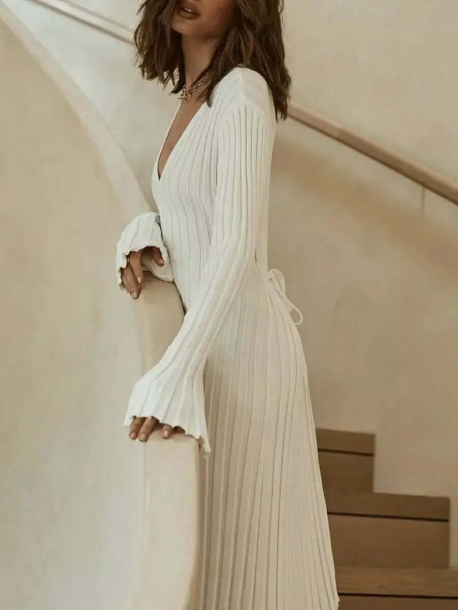 Deep V-Neck Ribbed Knit Long Sleeve Lettuce Edge Trim Maxi Dress