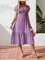 Floral Print Square Neckline And Puff Sleeves Maxi Dresses