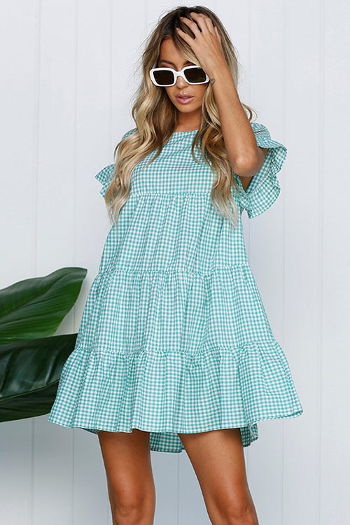 Gingham Check Tiered Ruffle Sleeve Smock Babydoll Mini Dress