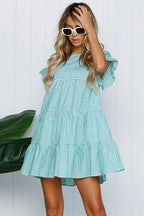 Gingham Check Tiered Ruffle Sleeve Smock Babydoll Mini Dress