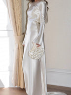 Liber Autumn Women's Backless Solid Color Long sleeve Satin Maxi Dresses