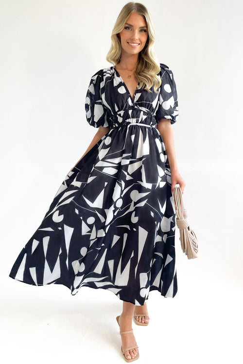 Abstract Geometric Print Deep V-Neck Puff Sleeve Cinched Waist Maxi Dress