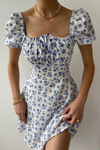 Square Neck Tie Front Puff Sleeve Ditsy Floral Milkmaid Mini Dress