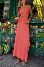 Sleeveless V Neck Cut Out Side Slit Maxi Dress