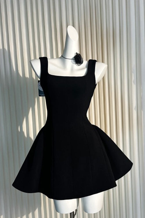 Square Neck Wide Strap Princess Seam Fit and Flare Skater Mini Dress