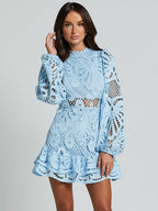 Lantern-style Long-sleeved, Fitted A-line Dress With Ruffled Hem And Water-soluble Lace.