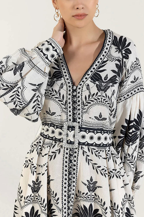 Ornamental Paisley Print Puff Sleeve V-Neck Belted Button-Front Mini Dress