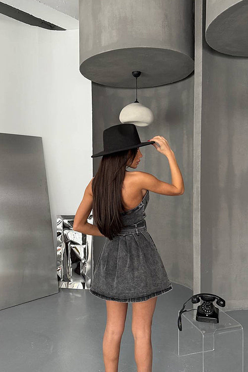 Halter Neck Deep V-Neck Wrap Front Belted Denim Mini Dress