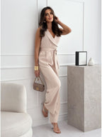 V-neck High-waisted Jumpsuit With A Fitted Waist And Tie