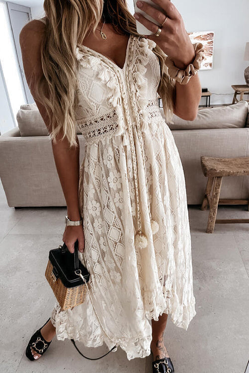 Lace Pom-Pom Drawstring Deep V-Neck High-Low Maxi Dress