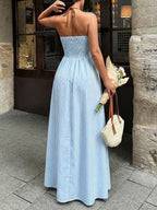 Stripes Color-blocked Splicing V-neck Hollow Maxi Dresses