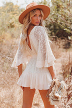 Lace Bell Sleeve Deep V-Neck Button Front Ruffle Hem Mini Dress