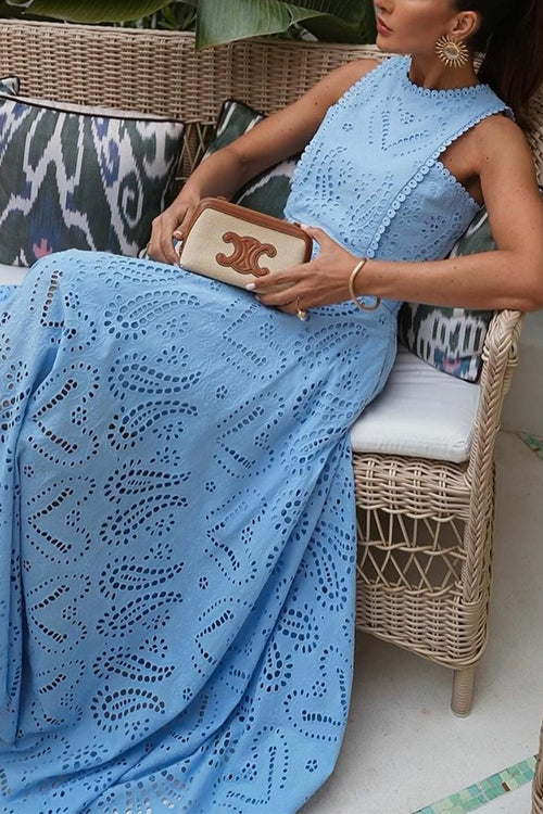 Lace Hollow Out Crewneck Crop Tank Top High Waist Maxi Swing Skirt Set