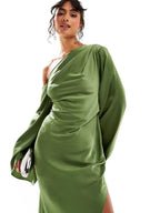 Satin One Shoulder Draped Cape Sleeve High Split Maxi Dress