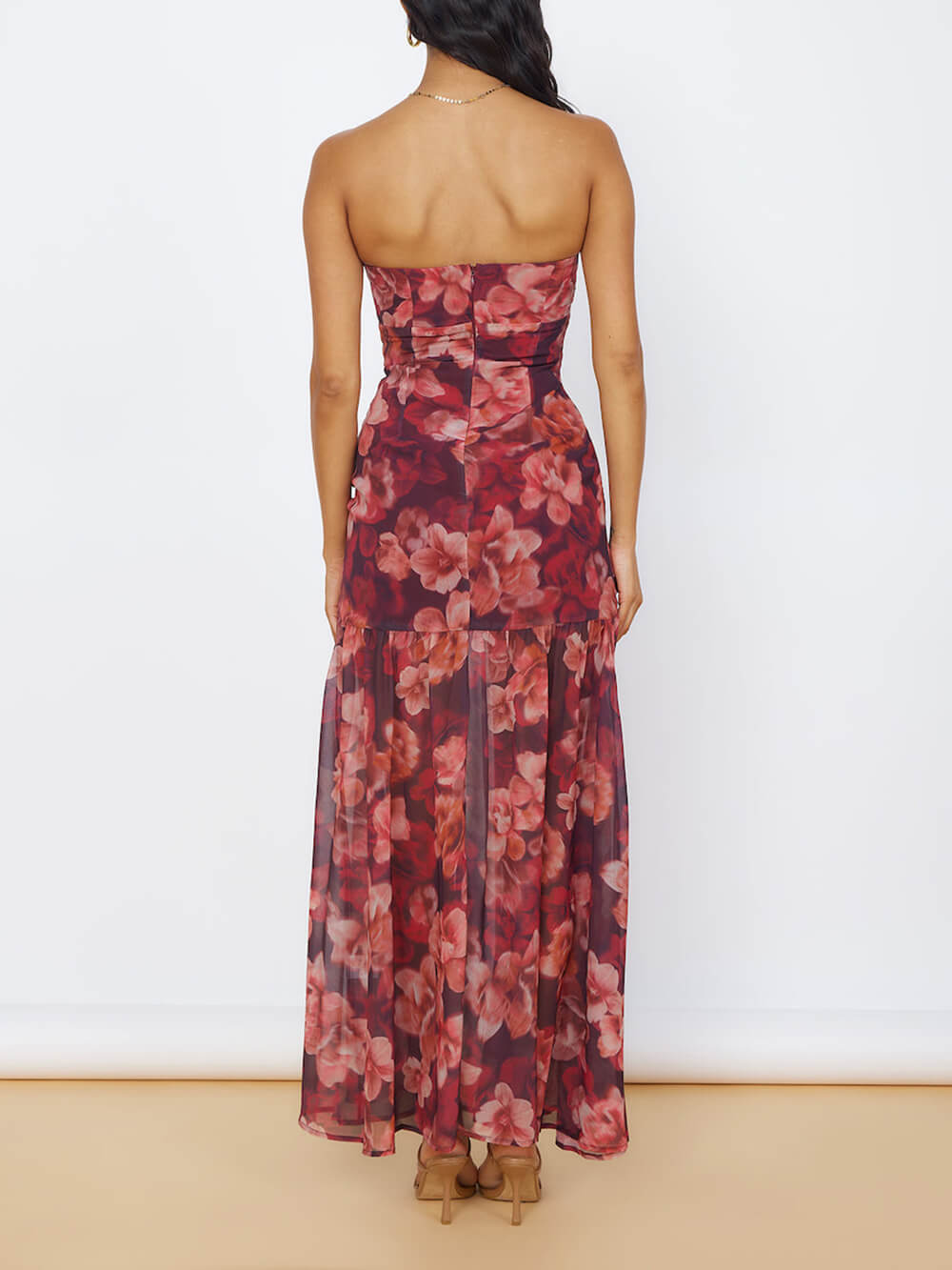 Floral Print Strapless Bandeau High Split Tiered Maxi Dress