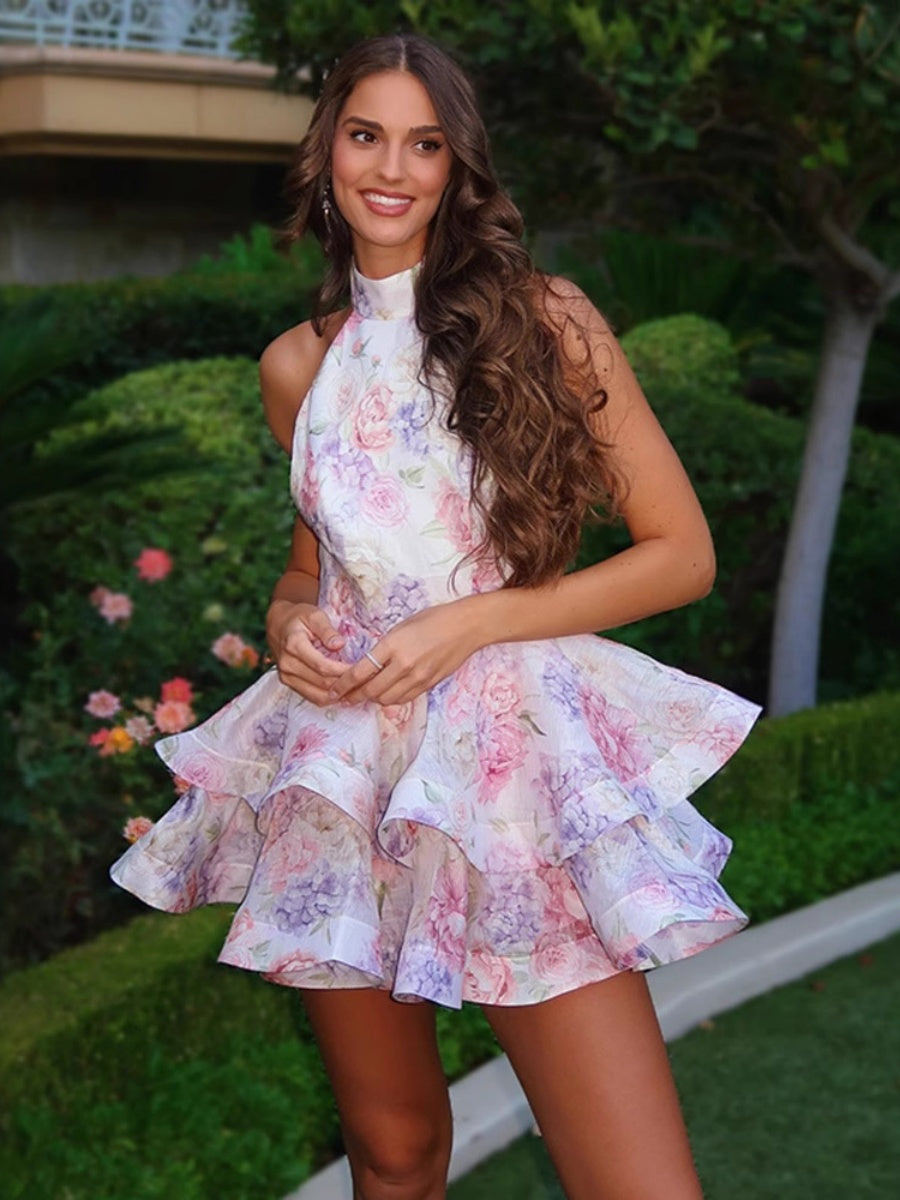 Halter-neck, Backless, Floral Print Short Dress