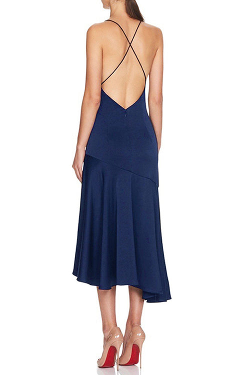 Satin Spaghetti Strap Twist Front Cut Out Ruffle Hem High Split Midi Dress