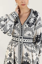 Tropical Botanical Print Puff Sleeve Belted Scalloped Hem Mini Dress
