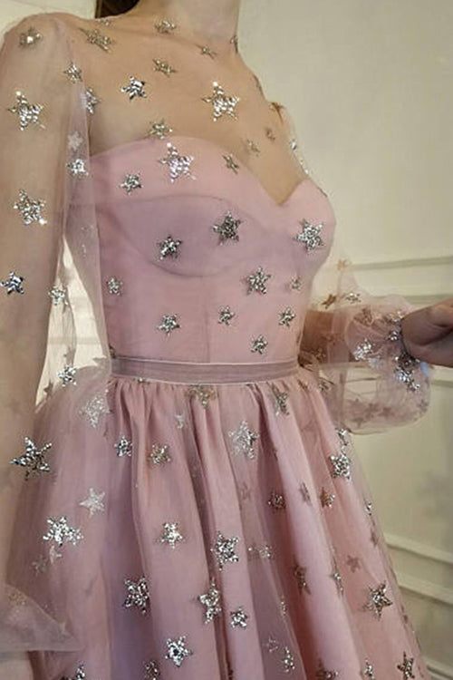 Illusion Yoke Sweetheart Puff Sleeve Star Applique Tulle Mini Dress