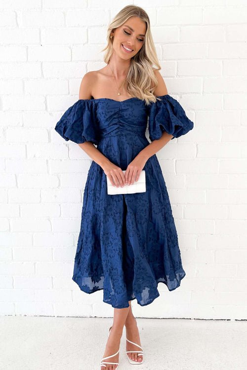Off Shoulder Ruched Bust Puff Sleeve Floral Jacquard Midi Dress