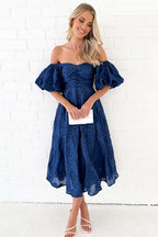 Off Shoulder Ruched Bust Puff Sleeve Floral Jacquard Midi Dress