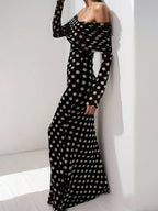 Polka Dots Off-shoulder Long Sleeves Slim Fit Hip Body Maxi Dresses