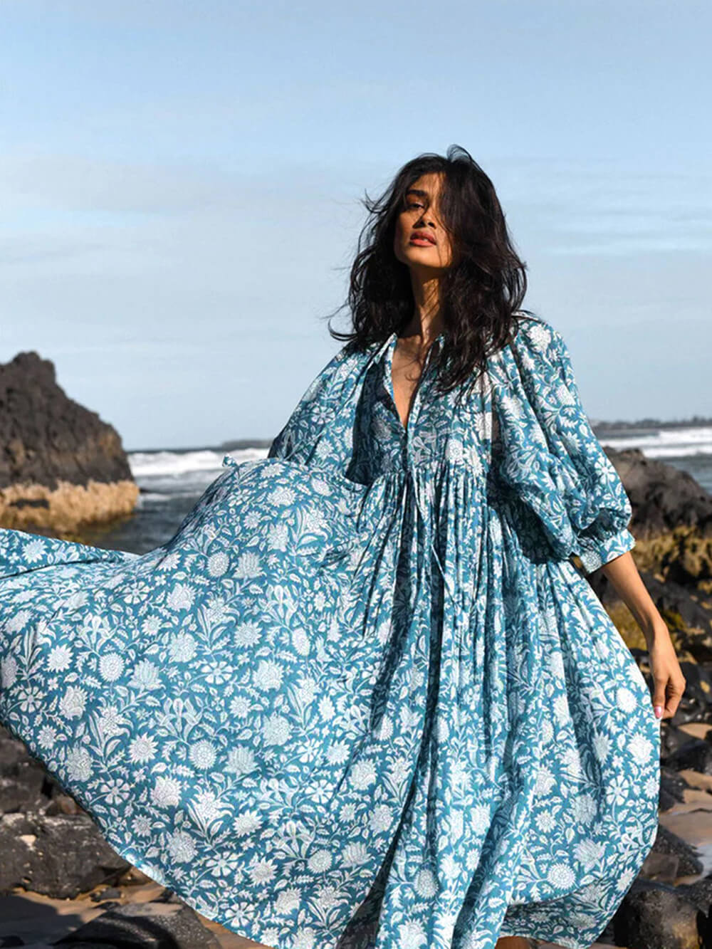 Floral Print Tie Neck Balloon Sleeve Gathered Waist Midi Dress