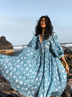 Floral Print Tie Neck Balloon Sleeve Gathered Waist Midi Dress
