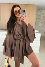 Textured Bell Sleeve Tie Waist Deep V-Neck Romper