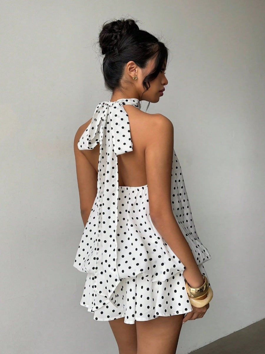 Halter Backless Lace Up Bud Polka Dots Mini&Short Dresses