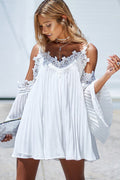 Cold Shoulder Crochet Trim Pleated Chiffon Bell Sleeve V-Neck Mini Dress
