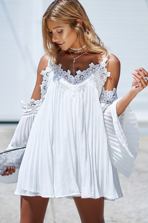 Cold Shoulder Crochet Trim Pleated Chiffon Bell Sleeve V-Neck Mini Dress