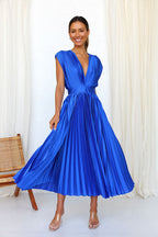 Pleated Satin Deep V-Neck Cap Sleeve Cinched Waist A-Line Midi Dress