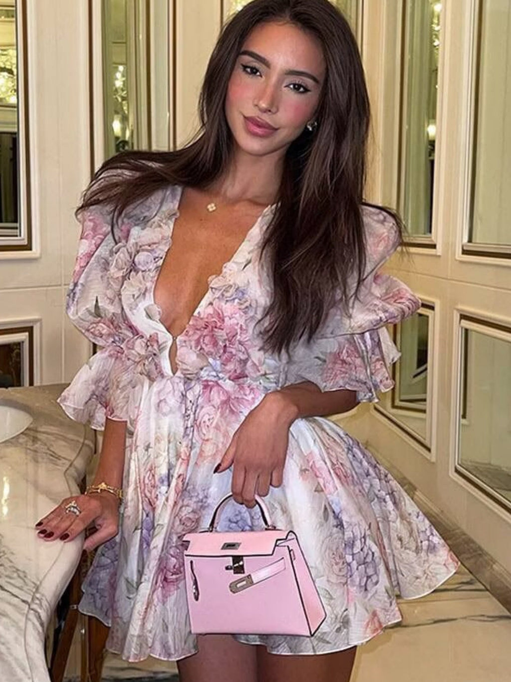 Floral Print Chiffon Puff Sleeve V-neck Mini&Short Dresses