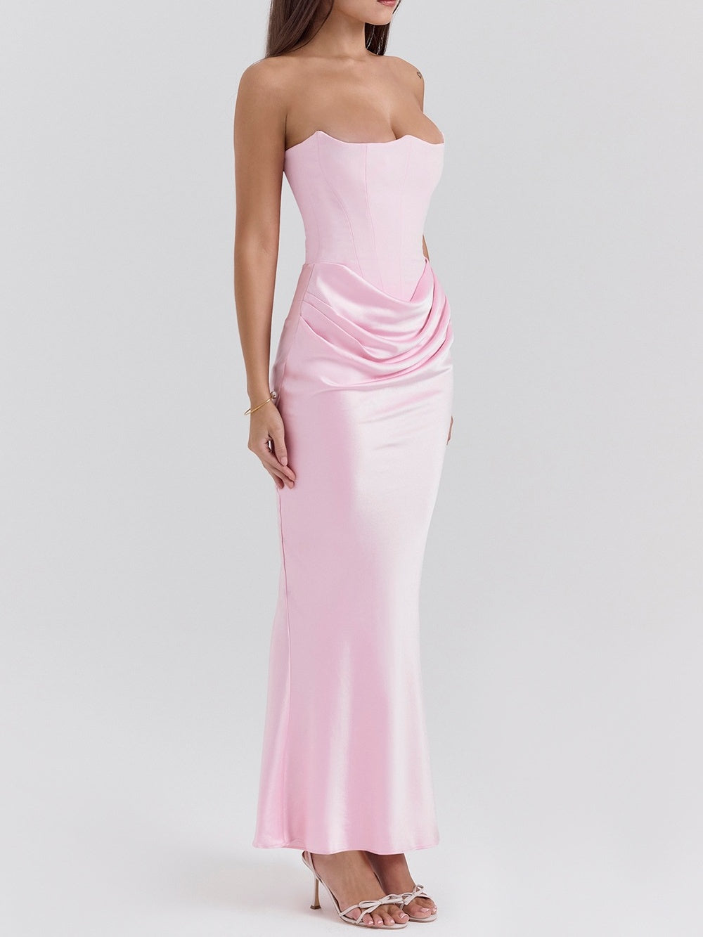 Satin Belted Strapless Off-the-shoulder Fishbone Pleated Long Bodycon Dress