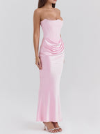 Satin Belted Strapless Off-the-shoulder Fishbone Pleated Long Bodycon Dress