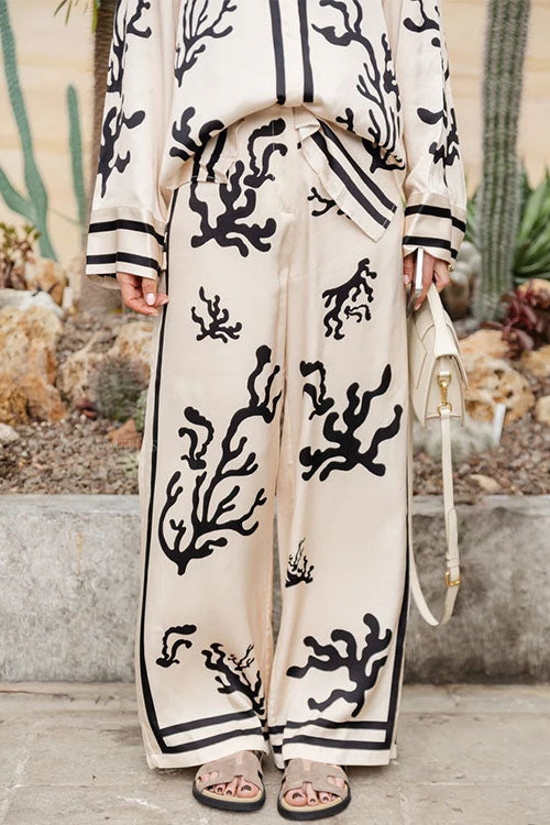 Long Sleeves Button Up Reef Print Satin Shirt