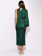 Sequin One-Shoulder Mock Neck Puff Sleeve Asymmetric Midi Dress