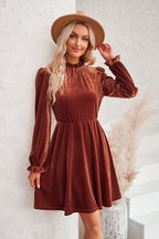 Velvet Ruffled Mock Neck Bishop Sleeve Elastic Waist A Line Mini Dress