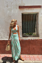 Tie Dye Print Plunging V-Neck Waist Cut Out Side Slit Maxi Dress