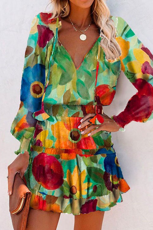 Drawstring V Neck Waisted Printed Dress