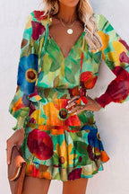 Drawstring V Neck Waisted Printed Dress