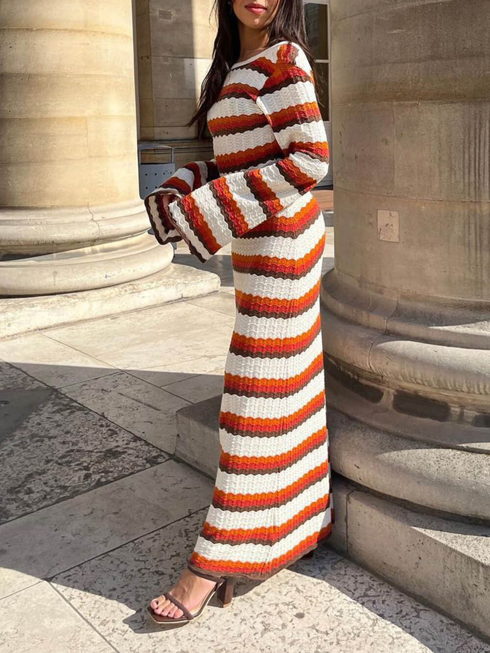 Crew Neck Wavy Stripe Bell Sleeve Knit Maxi Dress