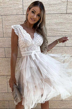 Lace Deep V-Neck Cap Sleeve Tiered Tulle Handkerchief Hem Mini Dress