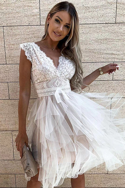 Lace Deep V-Neck Cap Sleeve Tiered Tulle Handkerchief Hem Mini Dress