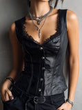 PU Leather Splicing Lace Buttons Tank Tops